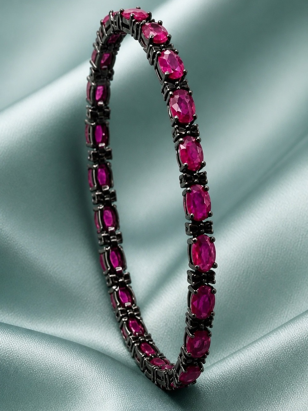 Genuine Ruby & Black Spinel 7” Bracelet. Black Rhodium over 925. 21 Oval Rubies.